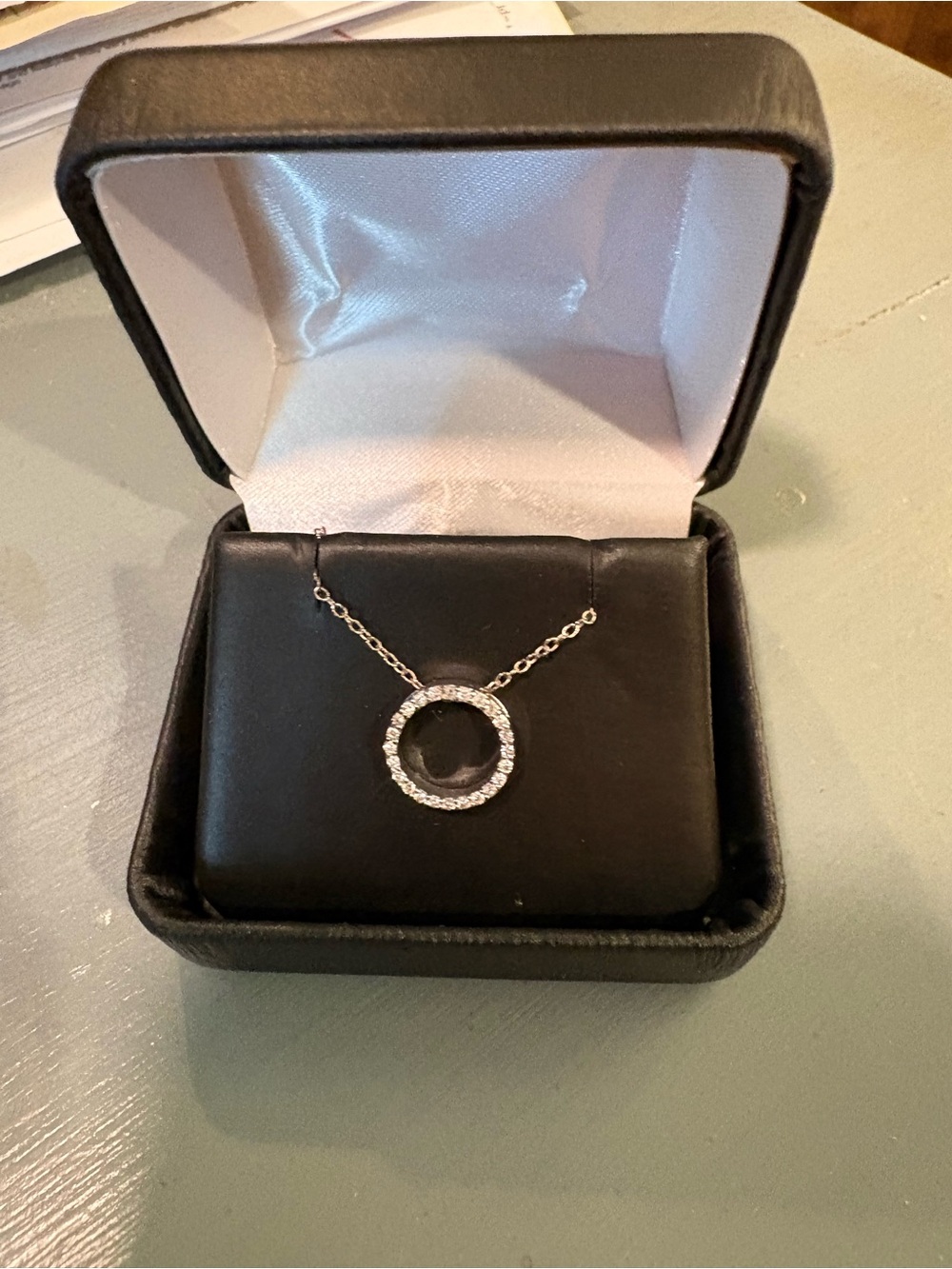 Sterling Silver Circle Pendant Necklace with Clear Crystals - White